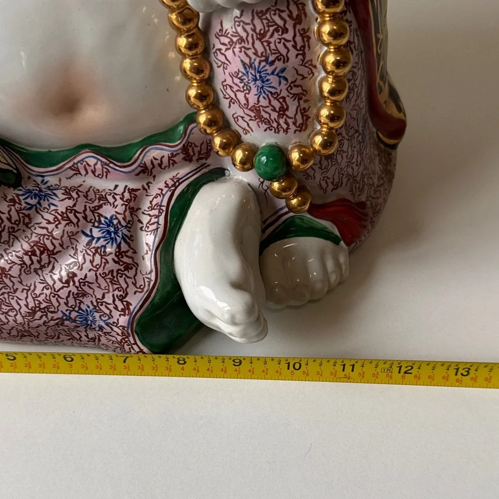 Vintage Hand-Painted Porcelain Laughing Buddha Statue in White and Multicolor - Picture 14 of 14